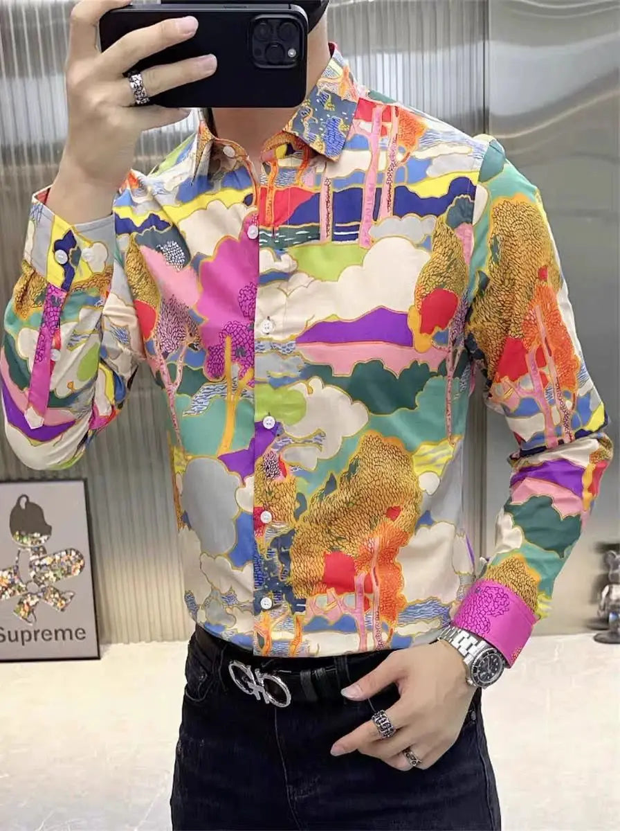 Men's Spring Autumn Fashion Trend Slim Fit Casual Floral Print Long Sleeve