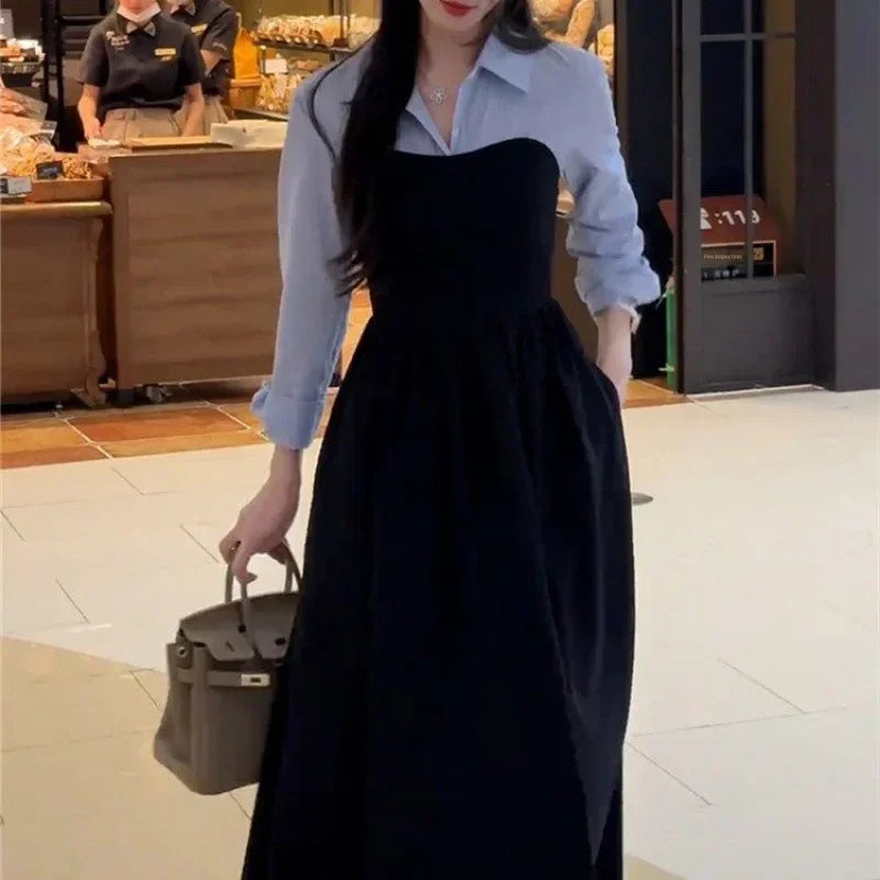 Women's Fashion Two-piece Illusionshirt Black Long Sleeve Dress High-end Feel Matching Set