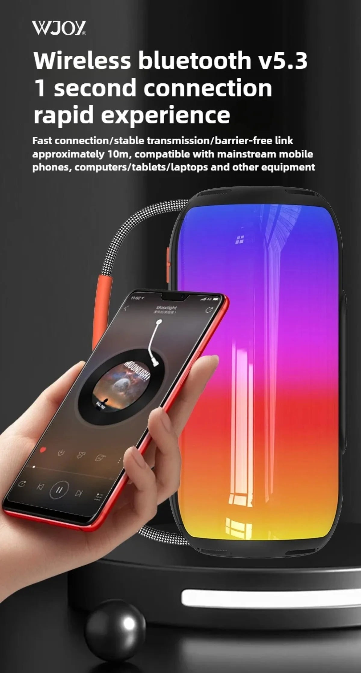 30W Bluetooth Speaker with Breathing Lamp Supports 2Pcs Tandem Portable Subwoofer Spatial Sound Effects 2400mAh Large Battery