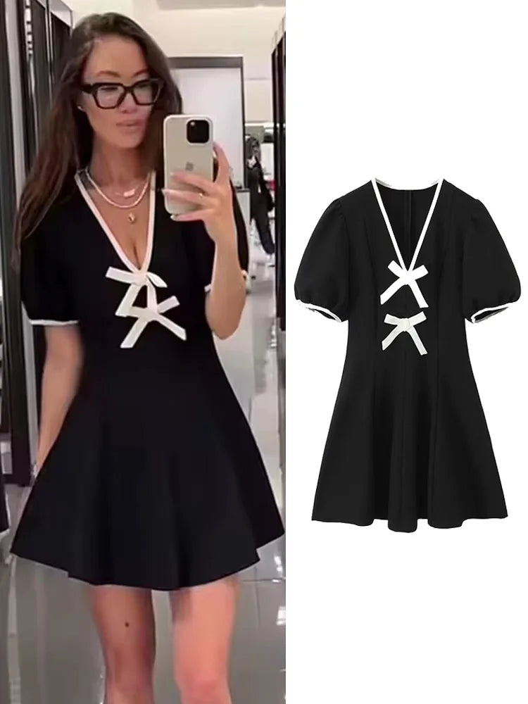 Women Fashion Dress 2025 Women Summer Autumn New Elegant Bow Decoration Short Sleeves Dress Women Hight Street Party Dress