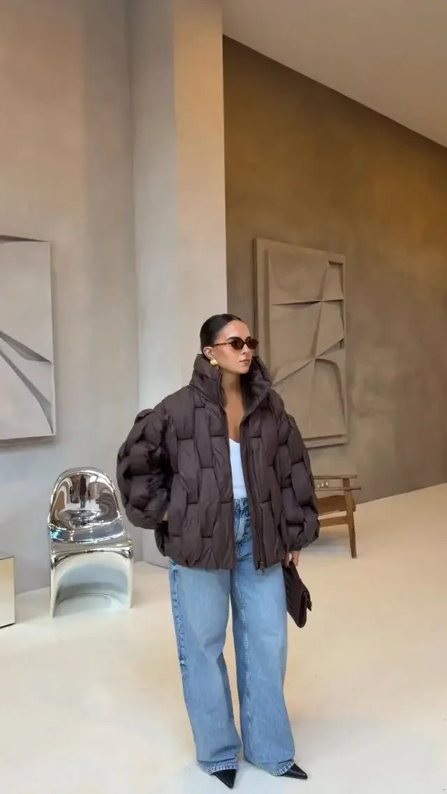 Women Fashion Solid Stand Collar Short Cotton Coat Casual Full Sleeve Zipper Pocket Loose Warm Jacket Lady Winter  Commute Wear