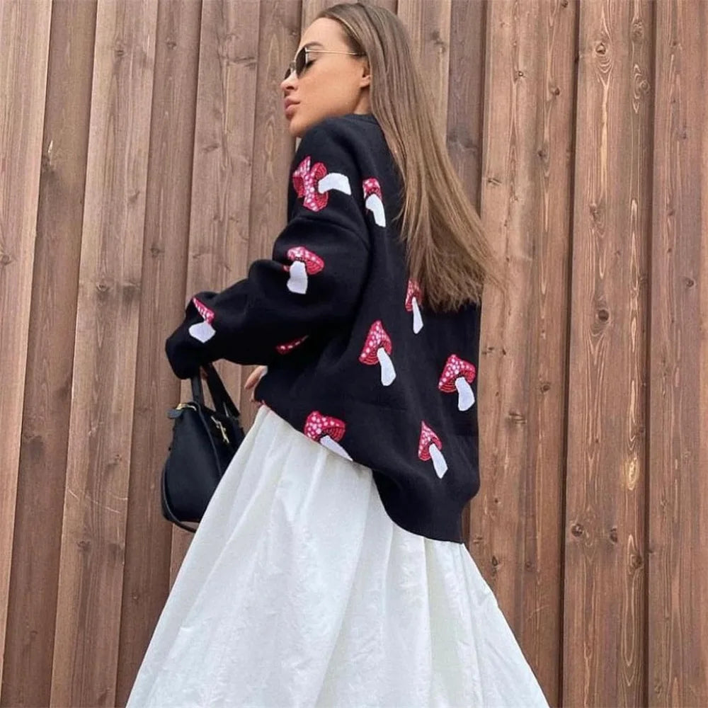 Women's Clothing Trend 2024 New Fashion Mushroom Graphic Print Sweater Long Sleeve Plus Size Tops Loose Casual Street Pullovers