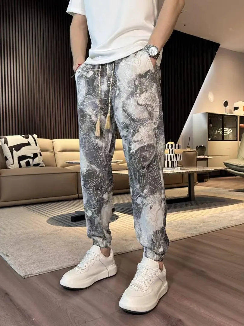 New Fashion  Spring Summer Men's  Straight Casual Pants Fashion Pocket Drawstring Guofeng Printing Breathable  Sports Trousers