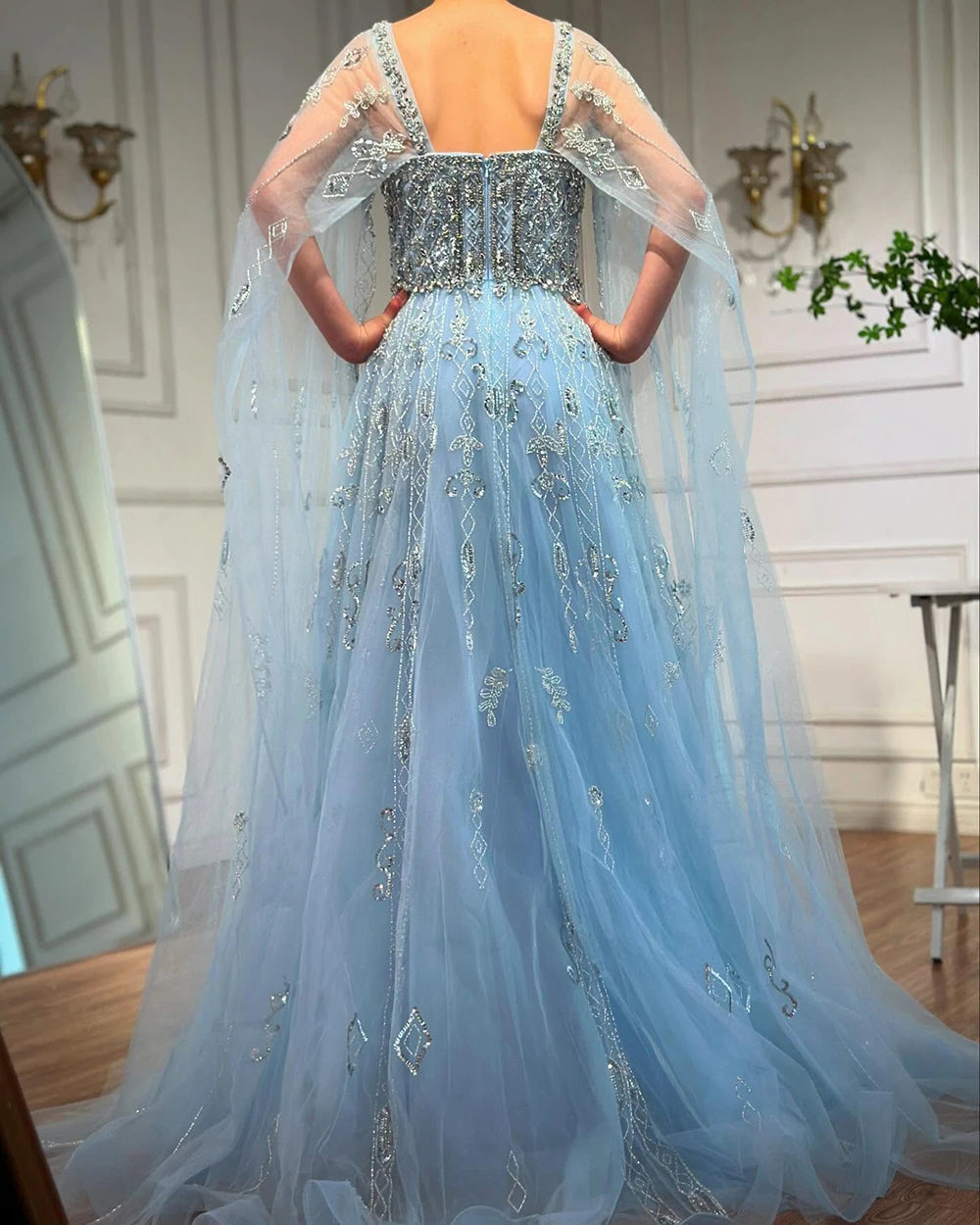 Serene Hill 2025 Arabic Nude A Line Cape Sleeve Crystal Beaded Luxury Evening Dresses Gowns Formal Occasion Customize BLA72764