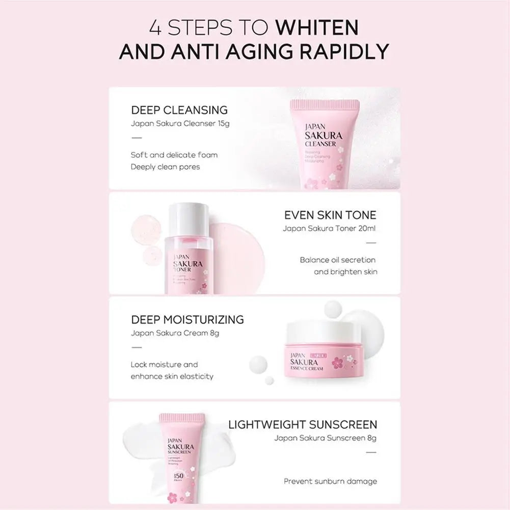 3/4Pcs/Set Sakura Skin Care With Cleanser Toner Eye Cream Facial Cream Sunscreen Beauty Products For Women Travel Skin Care Kit