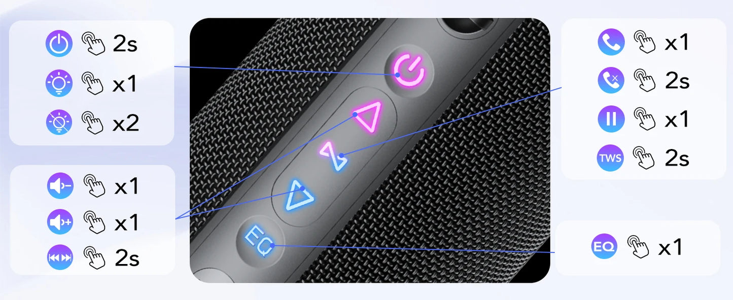 مكبر صوت محمول بتقنية بلوتوث، مكبر صوت بتقنية بلوتوث 5.4، مكبر صوت مزدوج بقوة 30 وات، صوت جهير عميق، مدة تشغيل تصل إلى 30 ساعة، 3 أوضاع معادل صوت، أضواء RGB ملونة