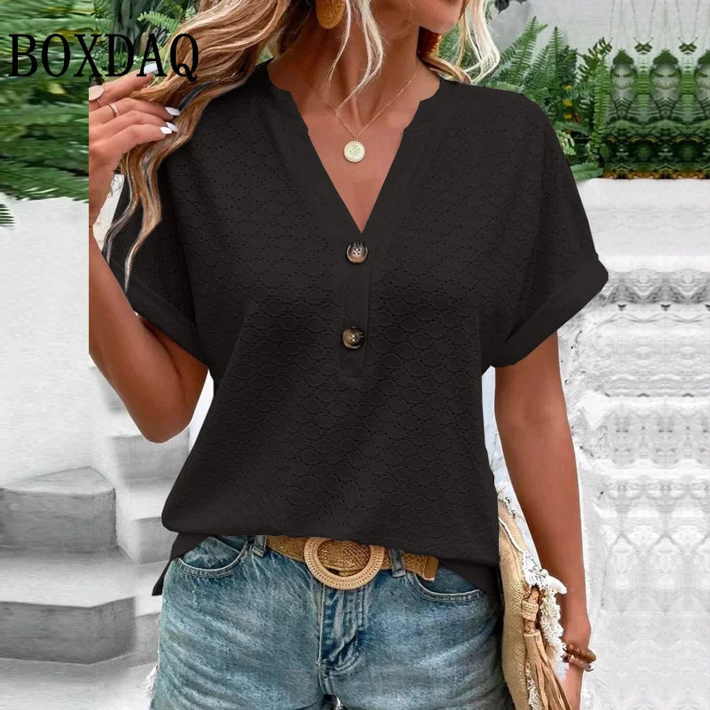 Women Summer Trendy Simple Casual Fashion Button T Shirt V Neck Short Sleeve Solid Loose Pullover Tops Plus Size Ropa De Mujer