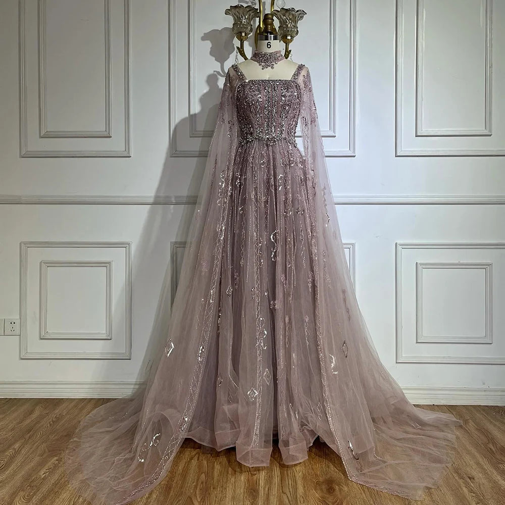 Serene Hill 2025 Arabic Nude A Line Cape Sleeve Crystal Beaded Luxury Evening Dresses Gowns Formal Occasion Customize BLA72764