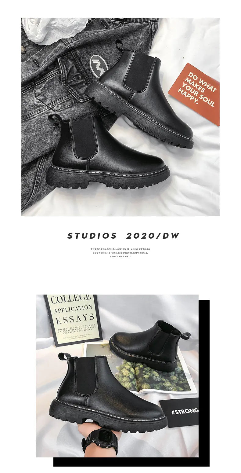 Mens Handmade Leather Chelsea Boots Elastic Sides Business Casual Dress Shoes Anti Slip Sole Comfortable Black Footwear