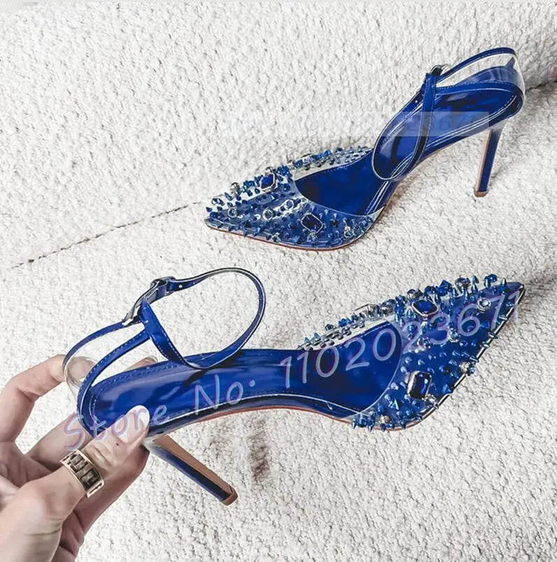 Studded Skinny Heels Pvc Sandals Women Summer Luxury Colorful Gems Clear Shoes Female Sweet Pointy Ankle Strap Banquet Sandals