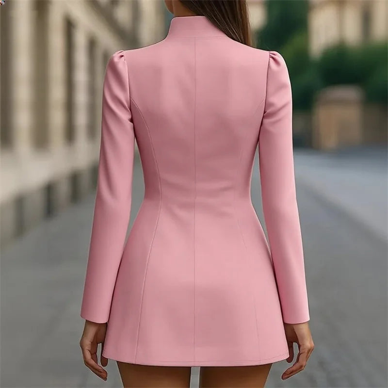 Women Fashion Commuter Solid Blazers Dress Office Single Breasted Waist Party Dress Elegant Stand Collar Long Sleeve Mini Dress