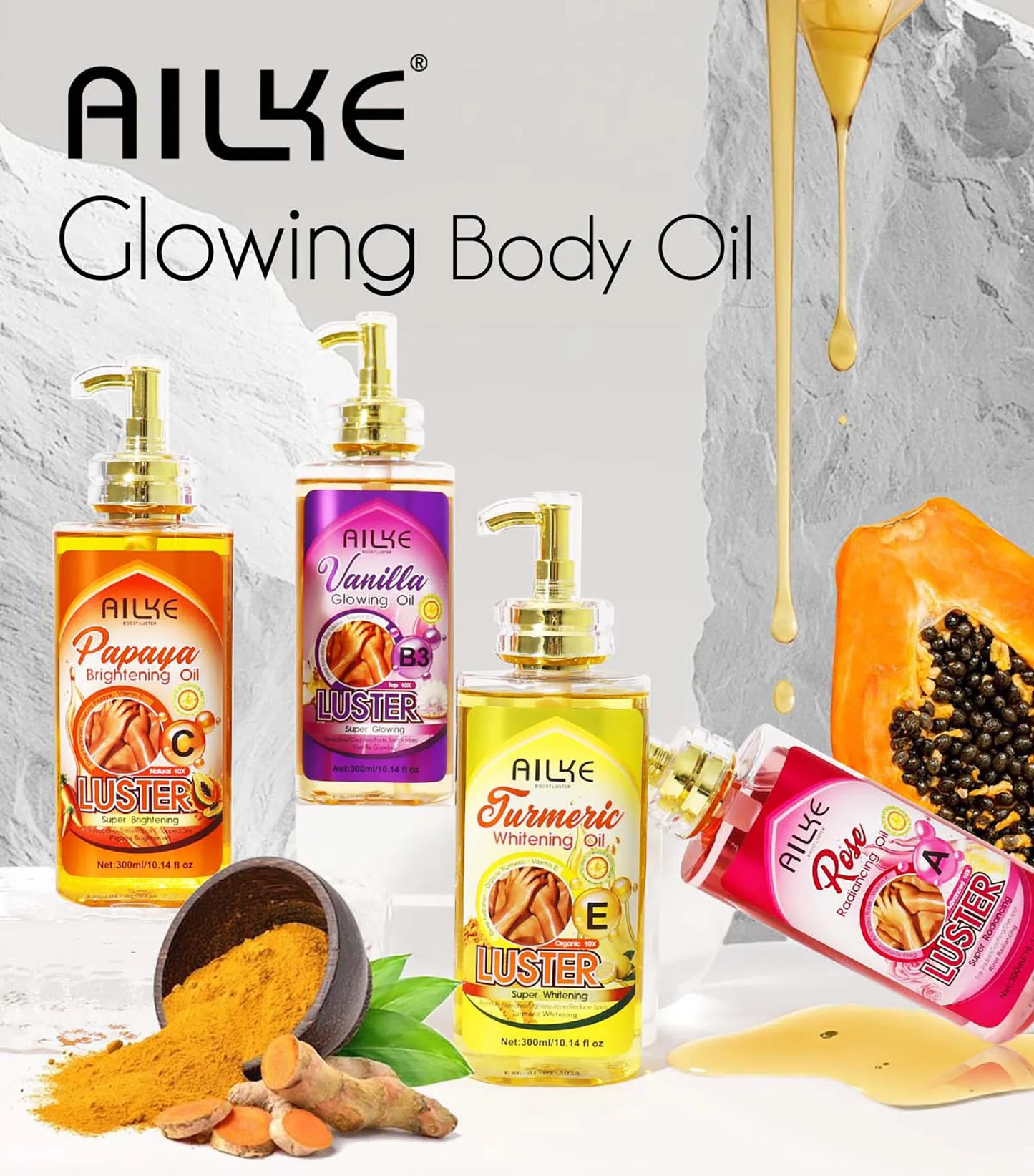 AILKE Whitening Body Oil, Moisturizing, Nourishing, Smooth Skin, Reduce Dark Spots, Suitable For All Skin Types, 300ml