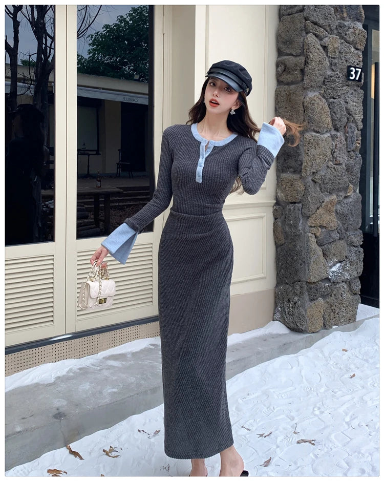 2025 Spring New Women Fashion Casual O-neck Party Dresses Ladies French Elegant Slim Waist Knitted Long Dress Vestidos Longos