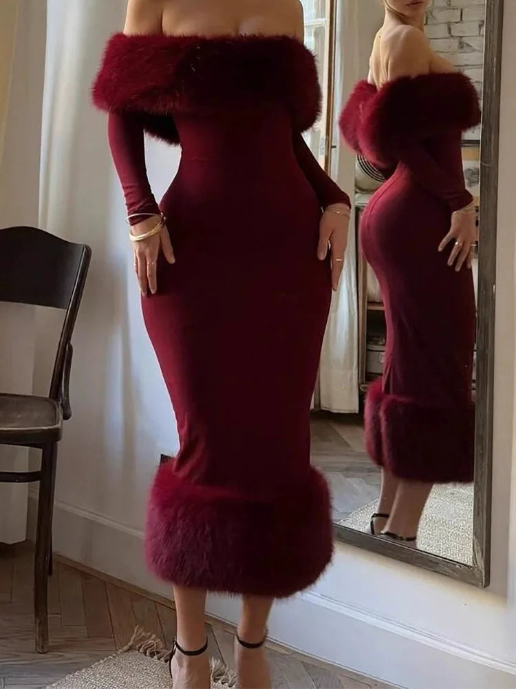 Women's clothing 2025 autumn and winter new fashion fur collar long sleeved temperament slim evening dress dress