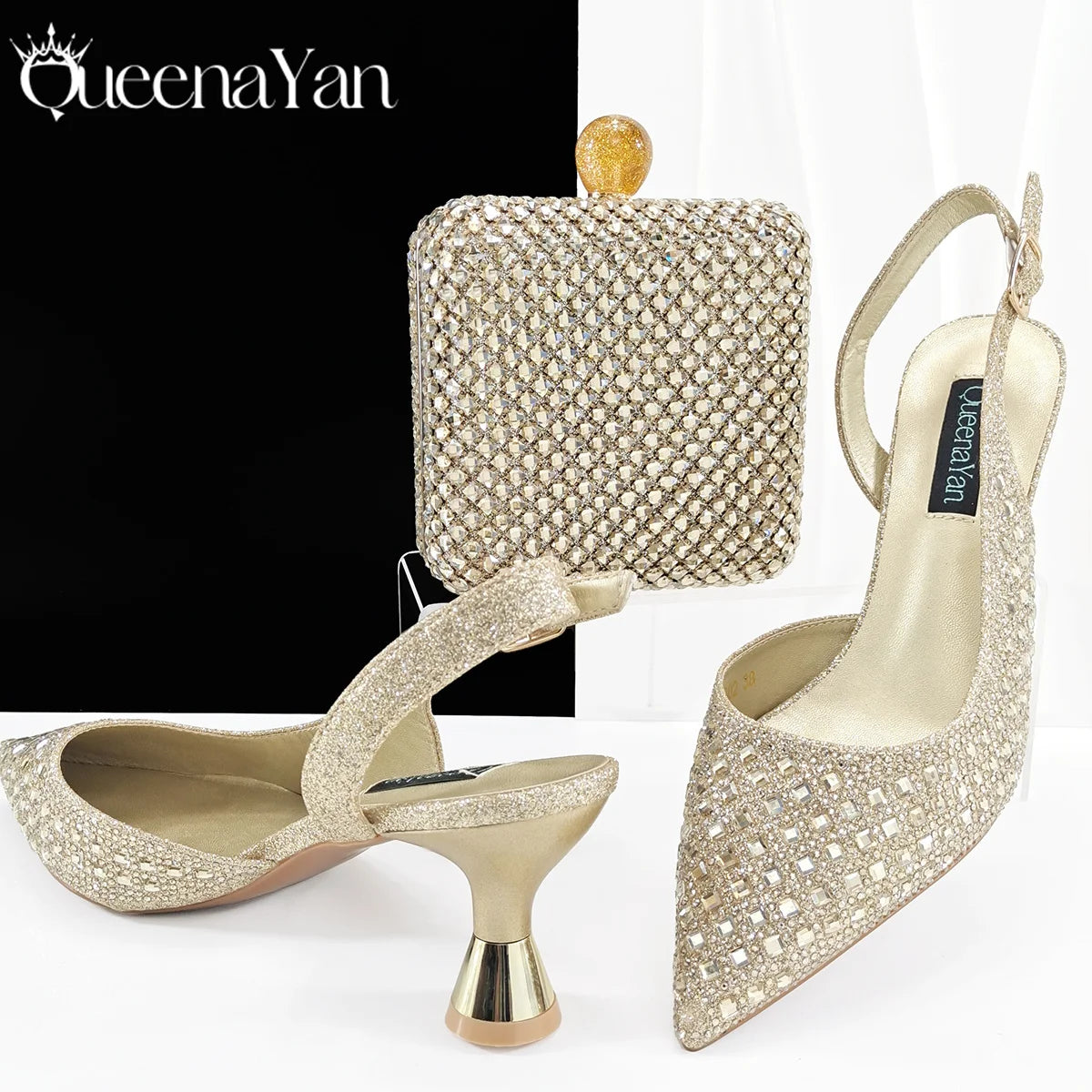 Queena Yan Italian Design Rhinestone Luxury Green Colour Pointed Toe Shoe & Bag Set Women's High Heels for Parties High Quality