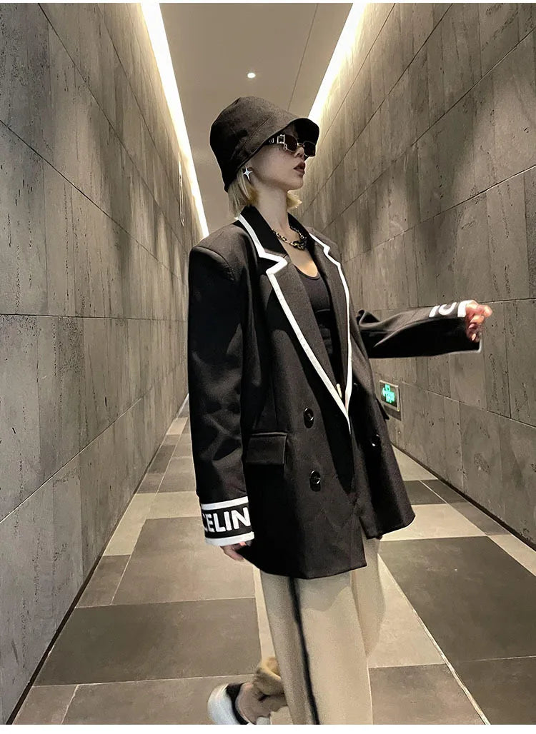 Women Fashion Jacket Wedding Casual Business High Quality Black Blazer Suit Coat Ladies Double Breasted Letter Long Sleeve Tops