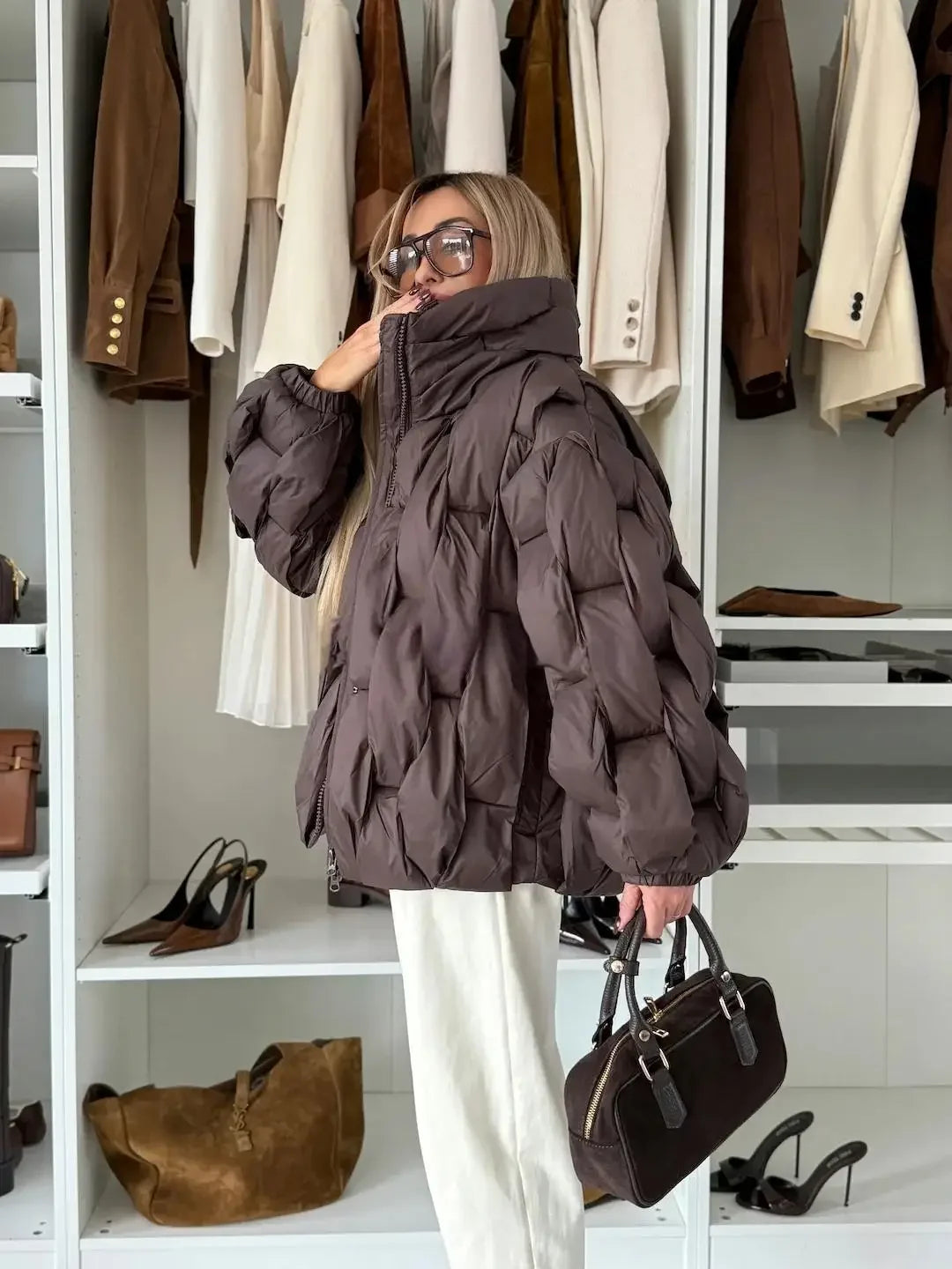 Women Fashion Solid Stand Collar Short Cotton Coat Casual Full Sleeve Zipper Pocket Loose Warm Jacket Lady Winter  Commute Wear