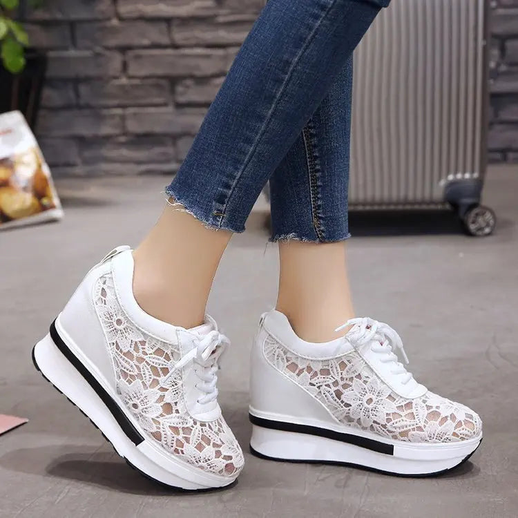 Womens Wedge Heel Block Heel Sandals Mesh Surface Women Shoes Breathable Casual Shoes Lace Up Tenis Thick Sole Sneakers