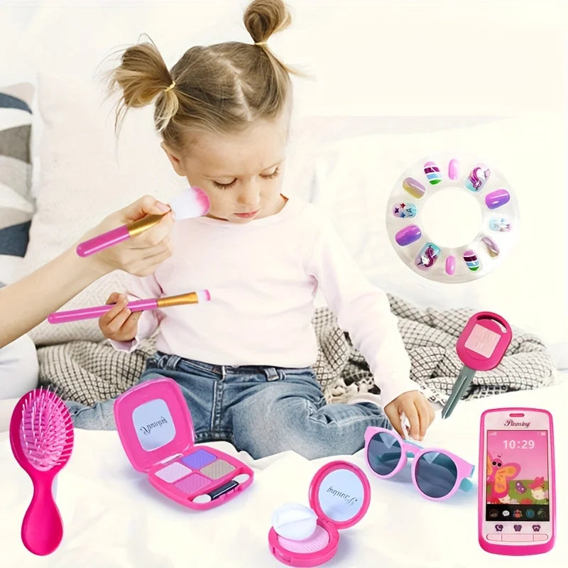 مجموعة مكياج تظاهرية للبنات مع حقيبة مستحضرات تجميل، لعبة بيت مكياج، مجموعة سفر للهاتف المحمول، مجموعة تجميل الأظافر، أحمر الشفاه، لعبة ممتعة