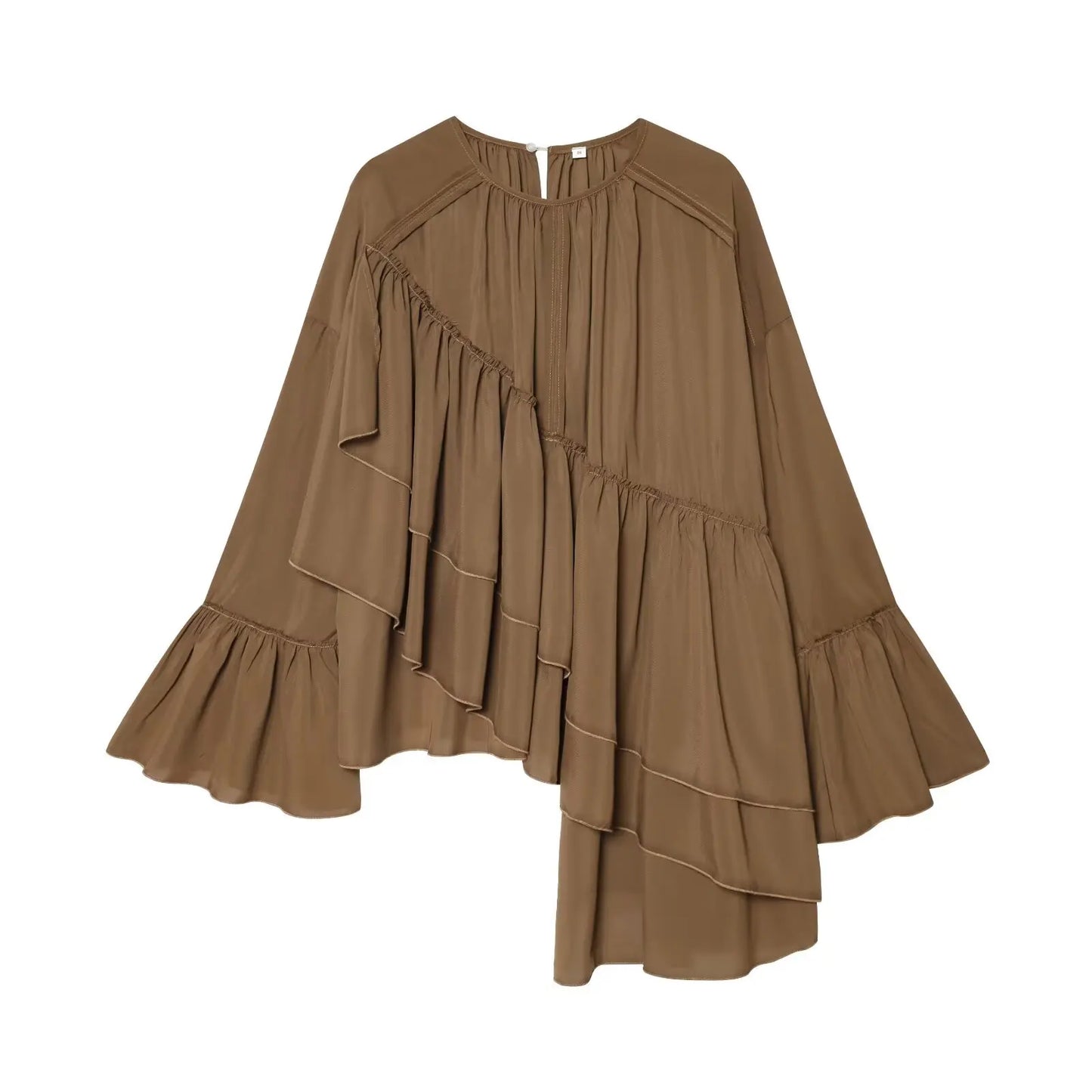 Womens Fashion Blouse Top With Ruffled Round Neck Long Sleeves And Asymmetrical Chiffon Shirt Autumn And Winter Casual Wear