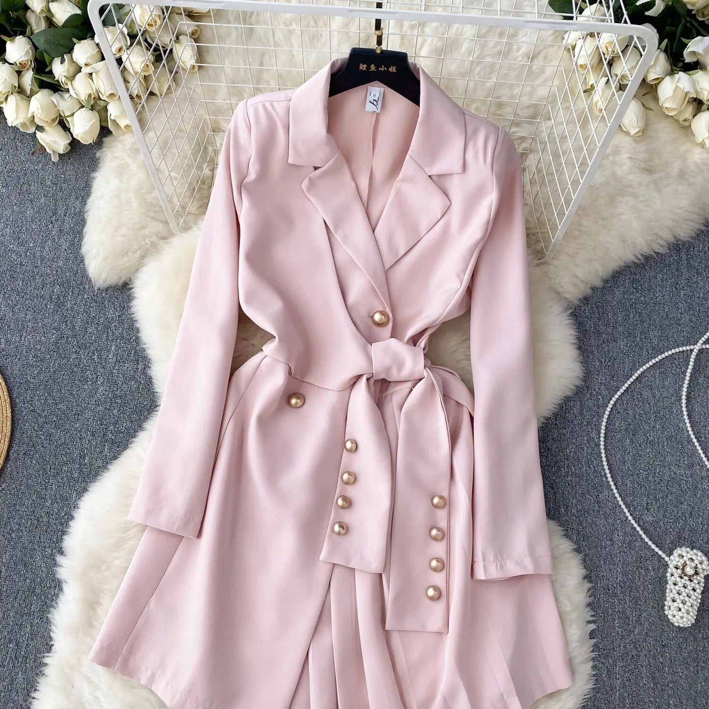 Women's Fashion Trendy Office Coat Dress Ladies Age Reduce Suit Collar Strap Tight Fit Short Pleated Long Sleeve Dress Coat