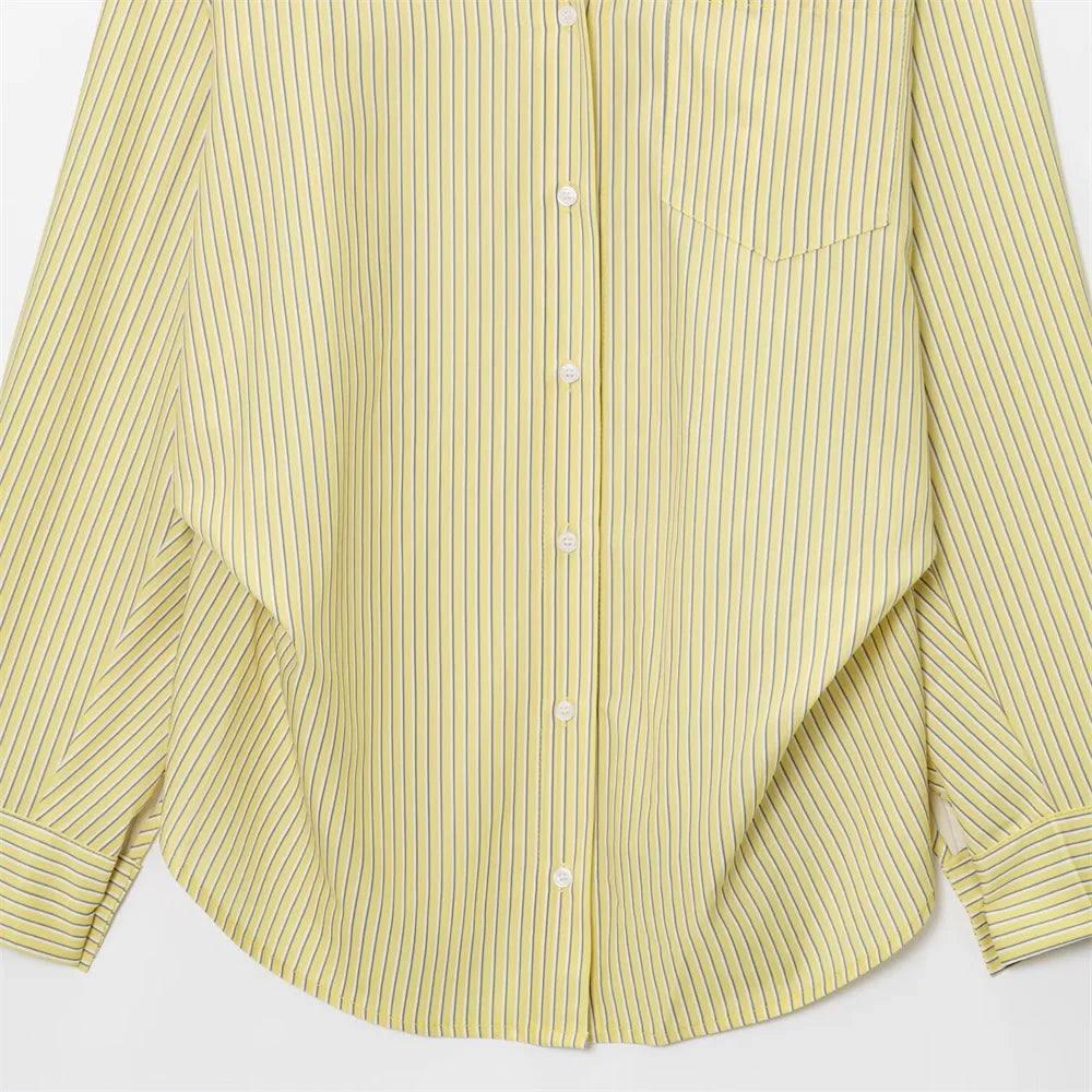 Women's Fashion Style Versatile Small Fresh Style Flip Collar Long Sleeve Top Summer New Striped Loose Poplin Shirt SwiftNest