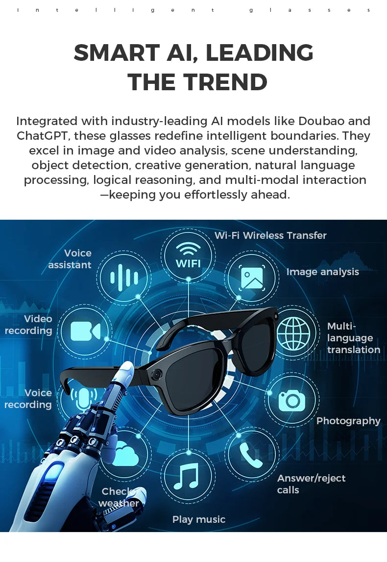 New Technology Bluetooth Call Smart Glasses 2025 Video Recording Camera Sunglasses VR Headset AI Translation Lens for Man Woman