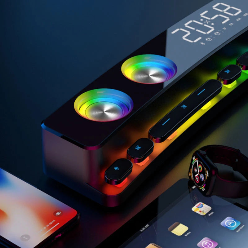 مكبرات صوت بلوتوث عالية الجودة، شريط صوت RGB ثلاثي الأبعاد، ستيريو محيطي، مضخم صوت، AUX، راديو FM، ساعة منزلية، كمبيوتر، مركز موسيقى، جديد وجذاب