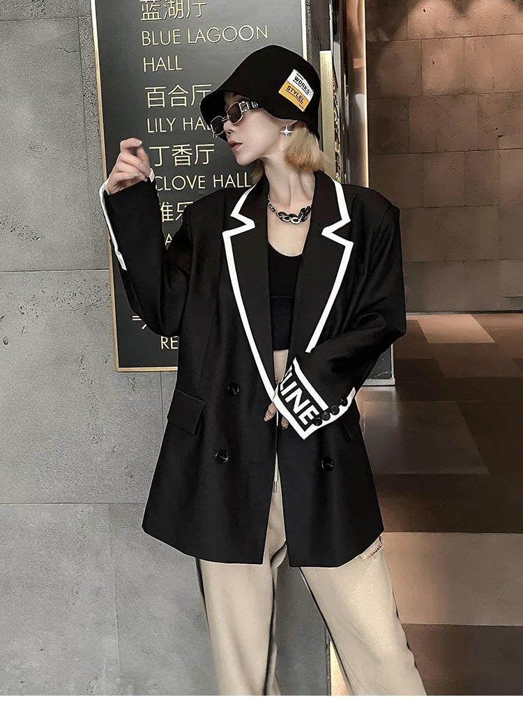 Women Fashion Jacket Wedding Casual Business High Quality Black Blazer Suit Coat Ladies Double Breasted Letter Long Sleeve Tops