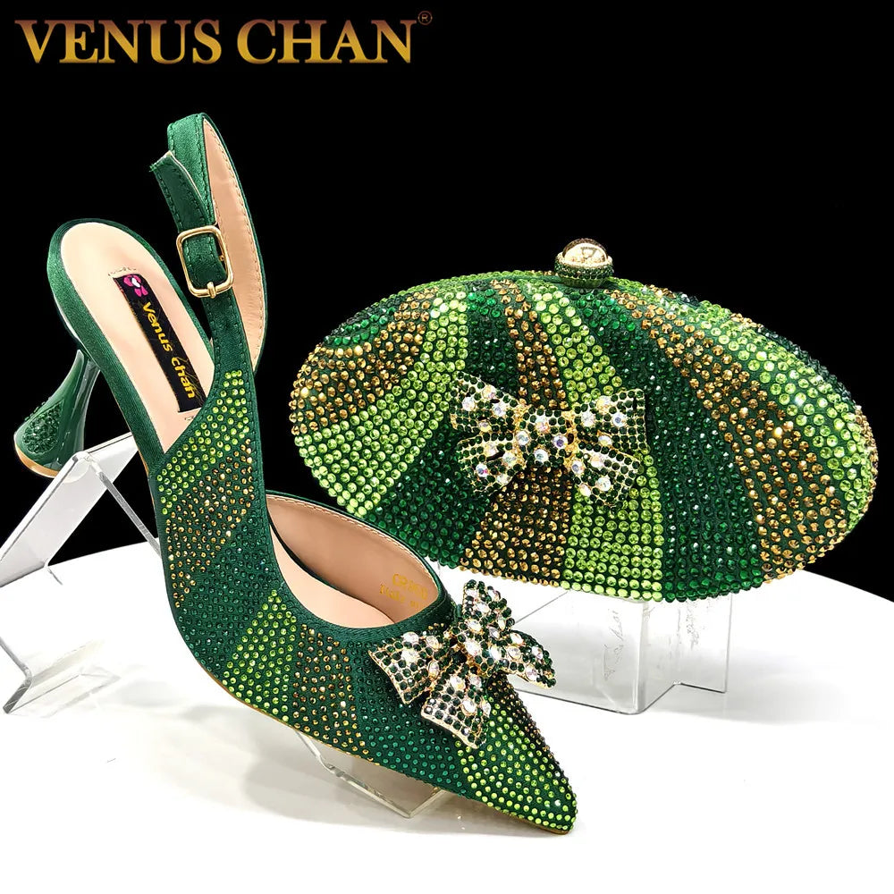 Venus Chan Green Color Pointed-Toe High Women Heels Shoes and Bags for Women Rhinestone Evening Party Elegant Luxury Handbag