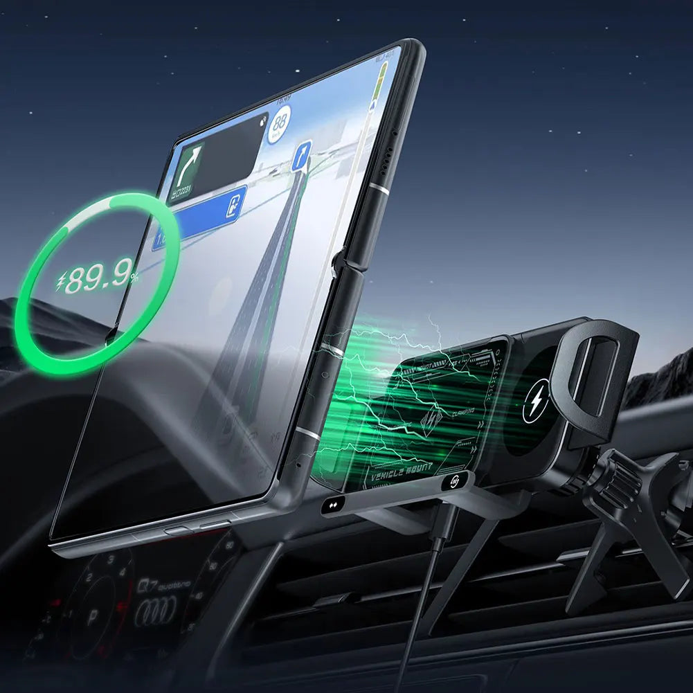 15W Car Wireless Charger Dual Coil Fold Screen Phone Holder Touch Rotation Phone Mount for Smartphone/Pad/Foldable Phone/Tablet