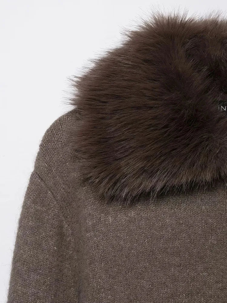 Women Autumn Winter Fashion Fall Vintage Patchwork Faux Fur Lapel Elegant Sweaters Single Breasted Knitwear Female Cardigans SwiftNest