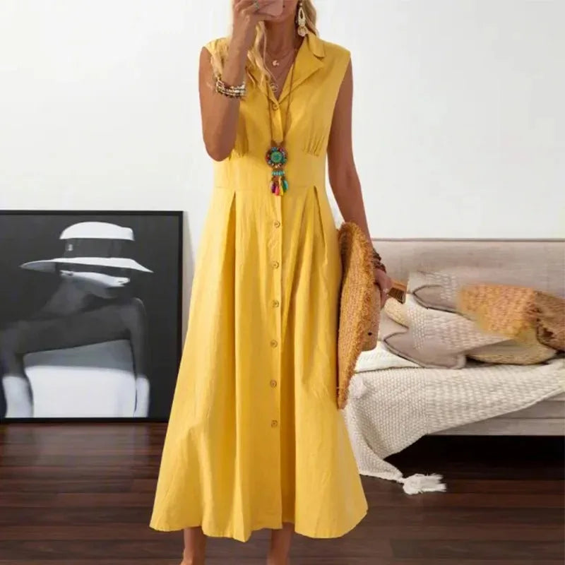 New Dresses 2025 Woman Fashion Lapel A-line Vintage Cotton Linen Long Skirt Women's Clothing Tops SwiftNest