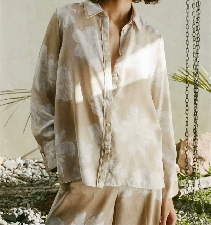 Women's Suit Spring-Summer 2024 New Fashionable Floral-Print Satin Shirt Printed Pants Elegant chic women's suit SwiftNest