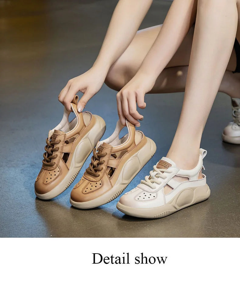 DRKANOL Platform Sandals Women Summer Round Toe Shoes Lace-Up Genuine Leather Thick Bottom Lightweight Casual Sneakers Sandals