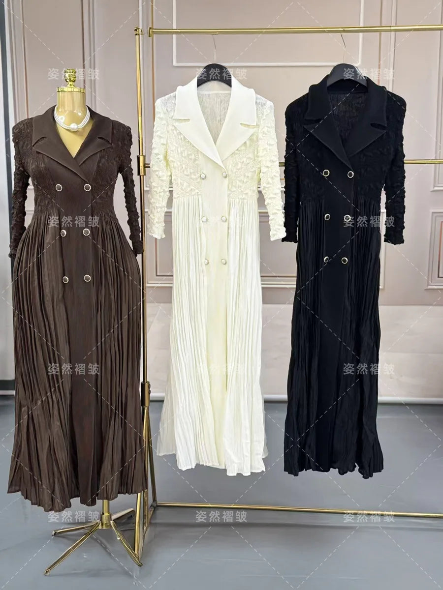 2025 Autumn Women's Fashion Dress Robe New Black Elegant Temperament Miyake Crumpled Long Skirt
