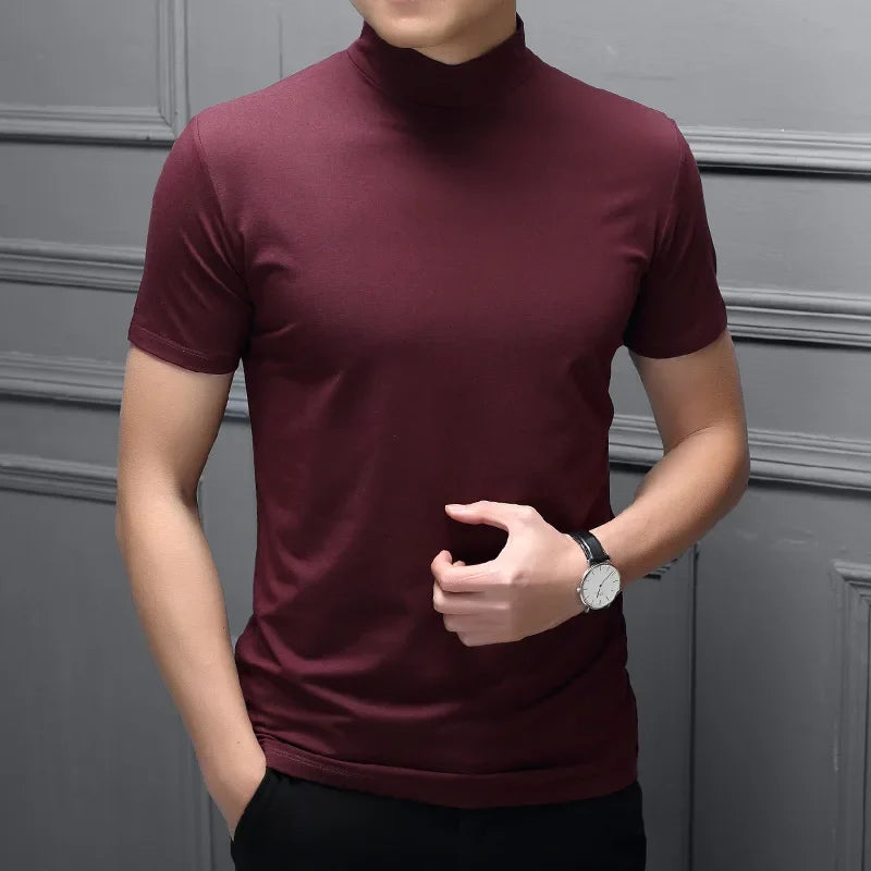 Mens Fashion T-shirt Mock Turtleneck Solid Knit Pullover Sweater Short Sleeve Casual Solid Color Dating Slim Fit Tops Undershirt