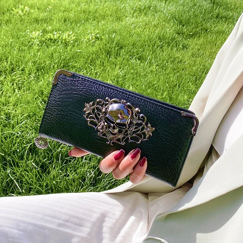 محافظ طويلة للنساء والرجال بتصميم علامة تجارية فاخرة شهيرة، محافظ على شكل جمجمة بانك للسيدات والفتيات، وجيب للنقود وحامل للبطاقات وحقيبة للهاتف