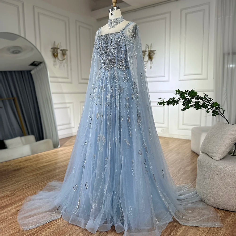 Serene Hill 2025 Arabic Nude A Line Cape Sleeve Crystal Beaded Luxury Evening Dresses Gowns Formal Occasion Customize BLA72764