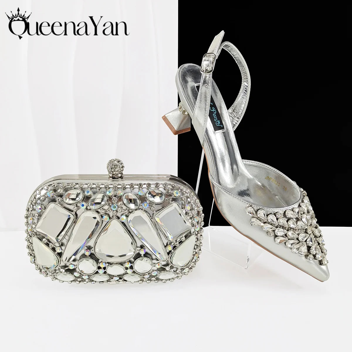 Queena Yan Italian shoes and handbags accessory set with rhinestone metal embellishments Wedding shoes Bridal shoes Designer