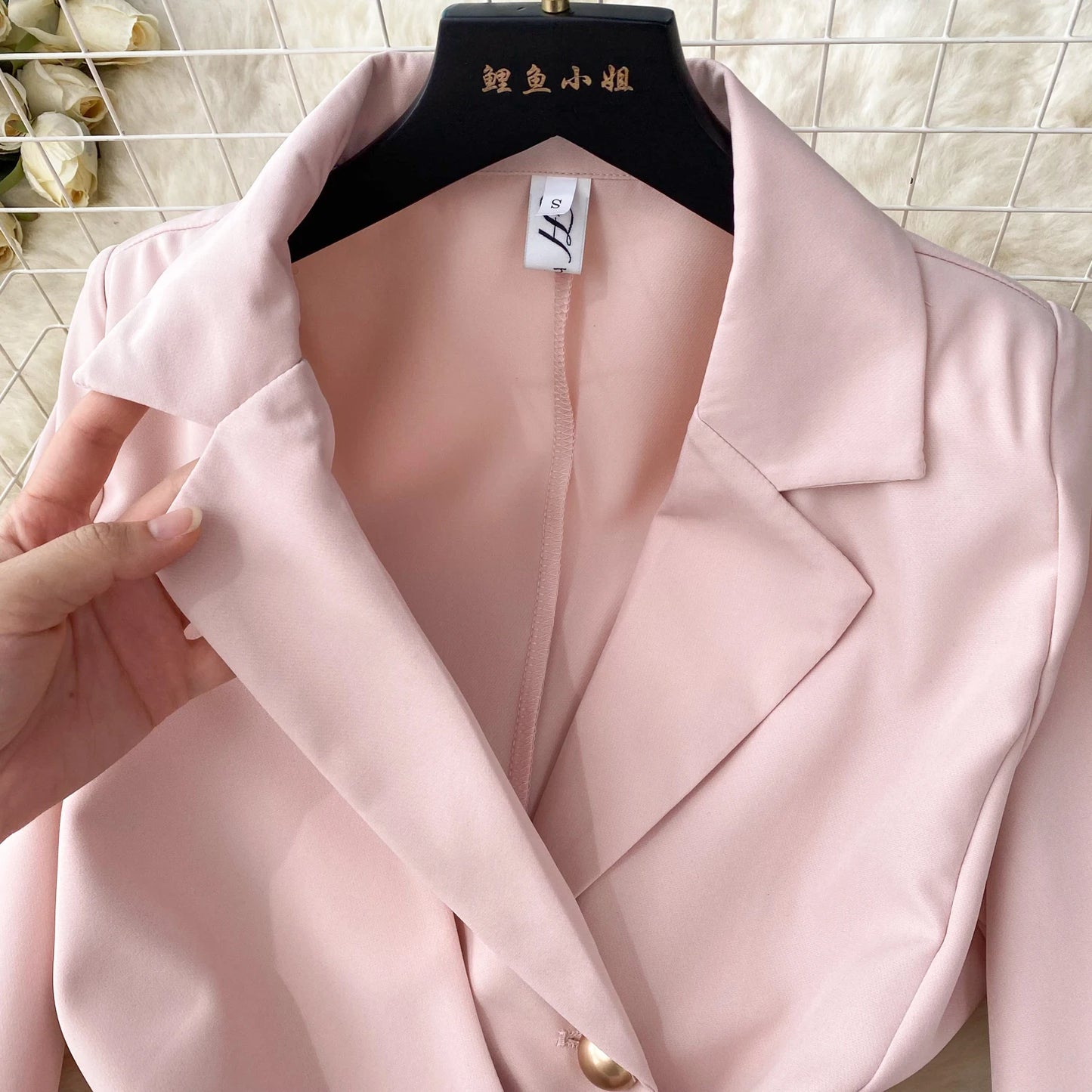 Women's Fashion Trendy Office Coat Dress Ladies Age Reduce Suit Collar Strap Tight Fit Short Pleated Long Sleeve Dress Coat