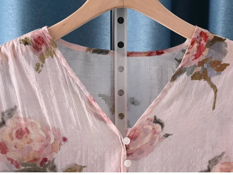 2025 Autumn clothes woman French fashion v neck rose floral print shirts and blouses for women vintage ladies tops