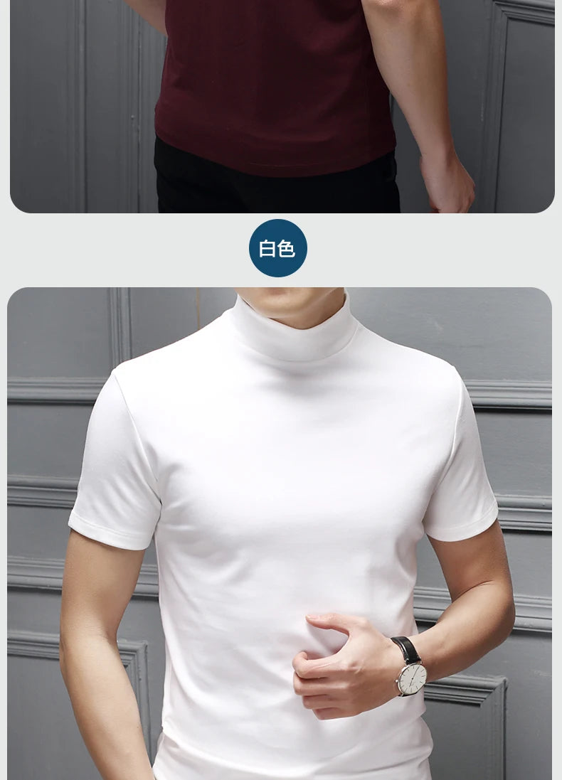 Mens Fashion T-shirt Mock Turtleneck Solid Knit Pullover Sweater Short Sleeve Casual Solid Color Dating Slim Fit Tops Undershirt