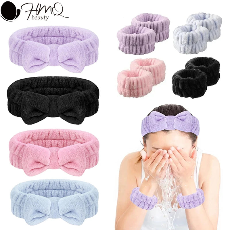 مجموعة من 3 قطع من عصابة رأس لغسل الوجه، أداة تنظيف الوجه، ربطة شعر على شكل فيونكة، أساور معصم مرنة لغسل الوجه