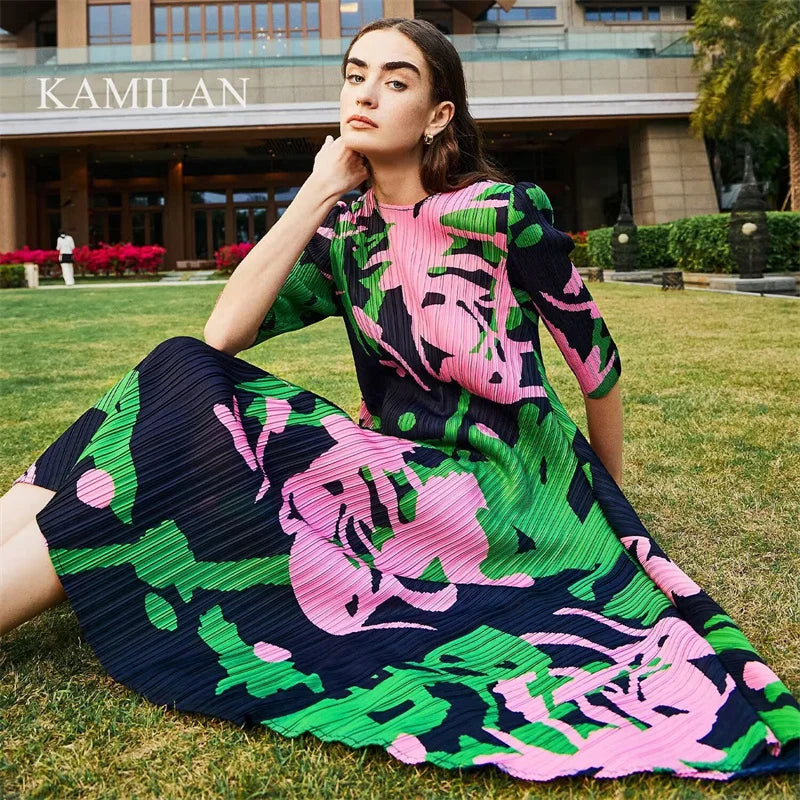 Women's Dress Womens Dresses New Pleated Fashion Temperament Loose Plus Size Dress Slim 2025 Long Skirt new Print Long Section