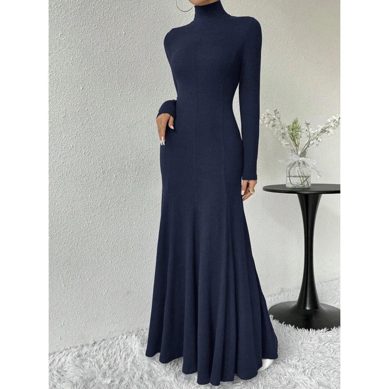 Women's Fashion Mature Style Dress Autumn Winter New High Neck Elegant Slim Fit Long Dress