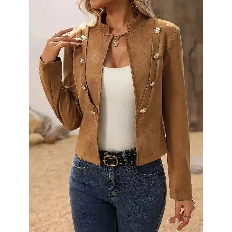 Women's Fashion Stand Neck Long Sleeve Jacket Short Coat Ladies Casual Solid Slim Double-breasted Blazer Elegant Lady Jackets SwiftNest