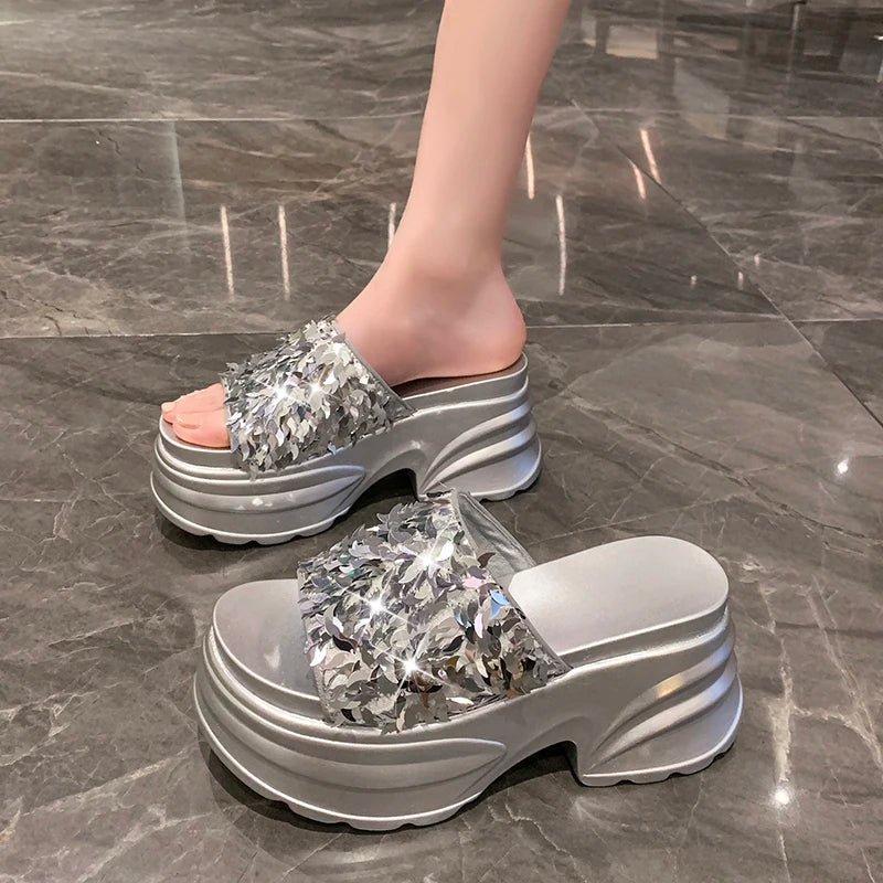 Aphixta Platform Sequined Cloth Sandals Slippers Women 8CM High Wedge Slides Women Shoes Gold Beach Slides Shoes