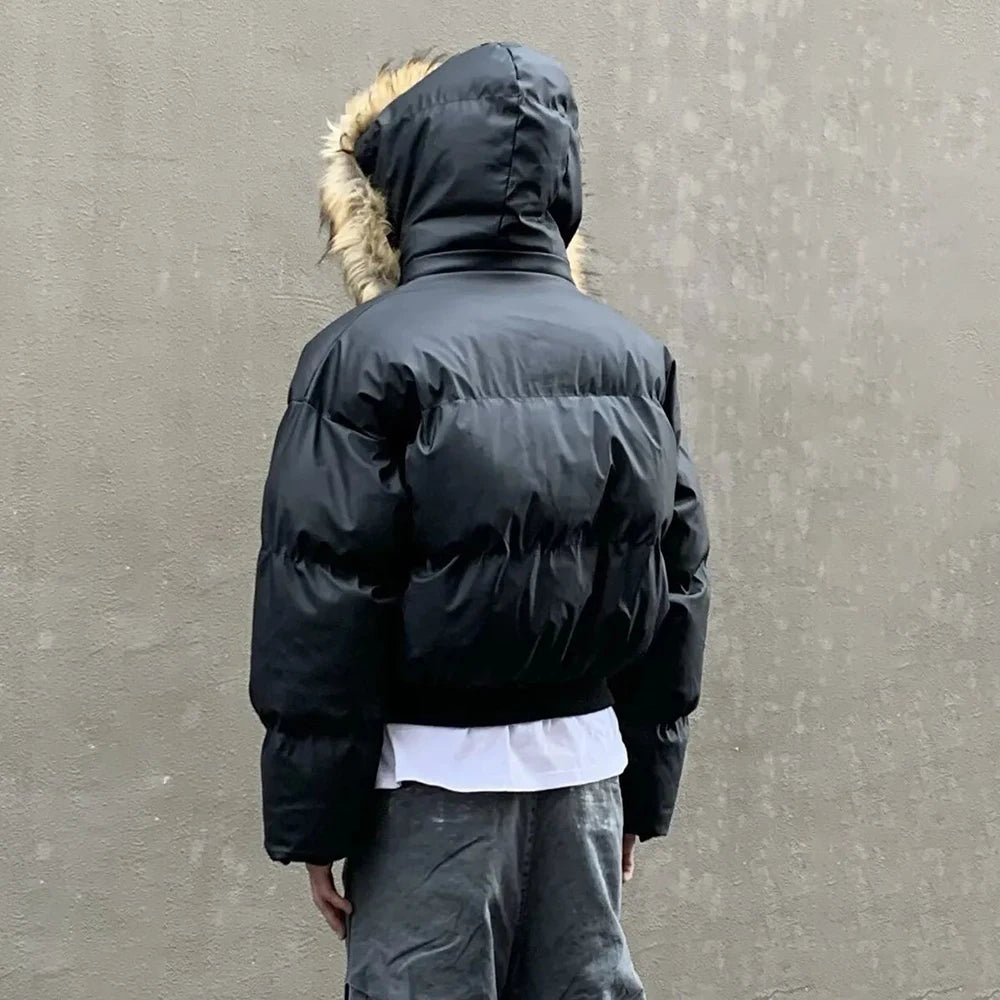 معطف رجالي من القطن بياقة من الفرو وغطاء للرأس لفصل الخريف والشتاء، معطف سميك أمريكي متقدم، جاكيت قصير للرجال من Y2K
