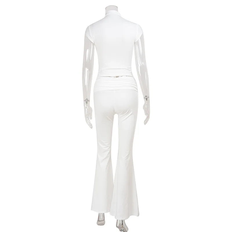 Women's Fashion Short Sleeve Pants Set Chic Tight Zipper Top Straight Leg Low Waist Trousers Casual Streetwear Commute Outfit